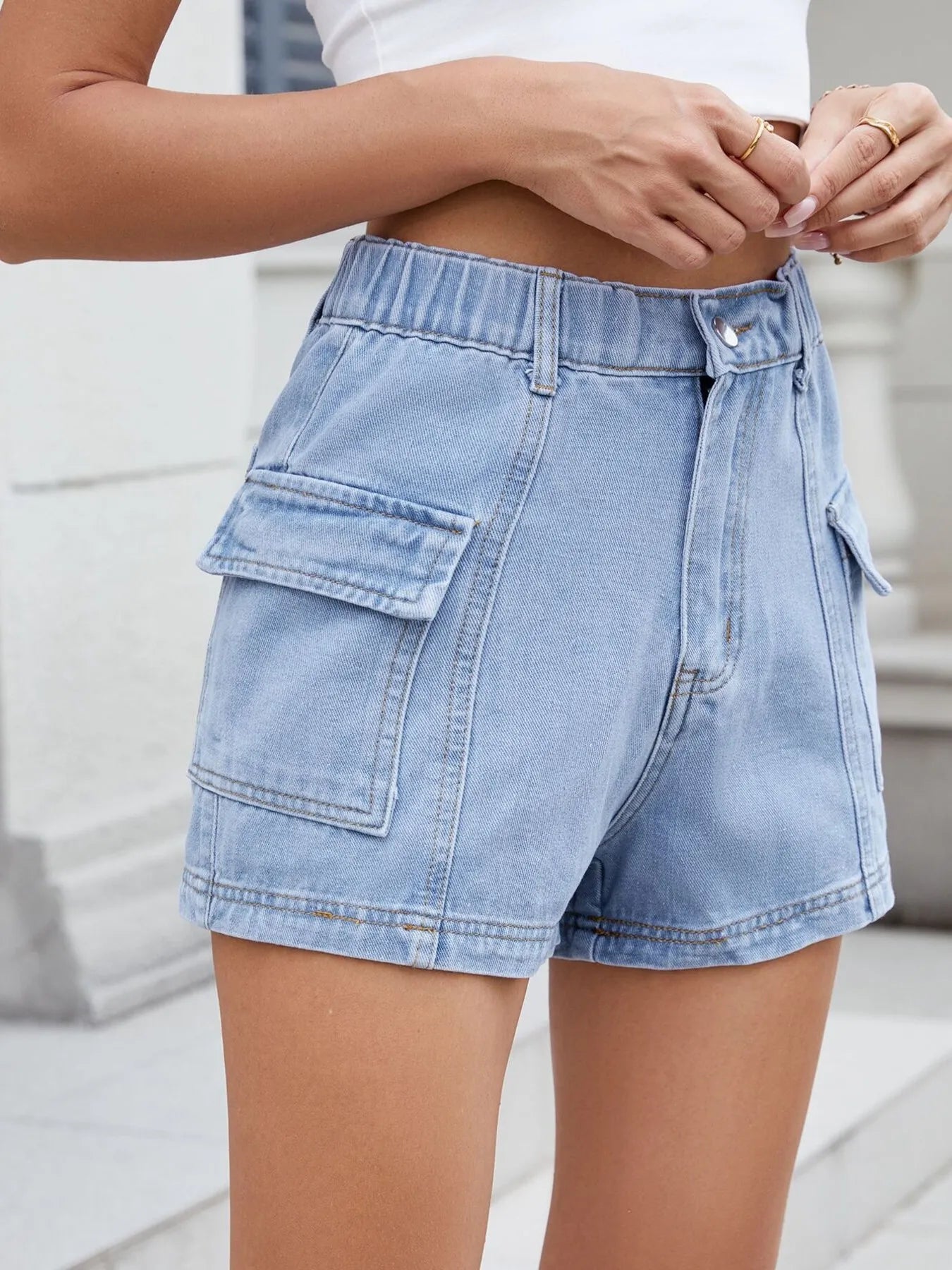 High Waist Cargo Denim Shorts
