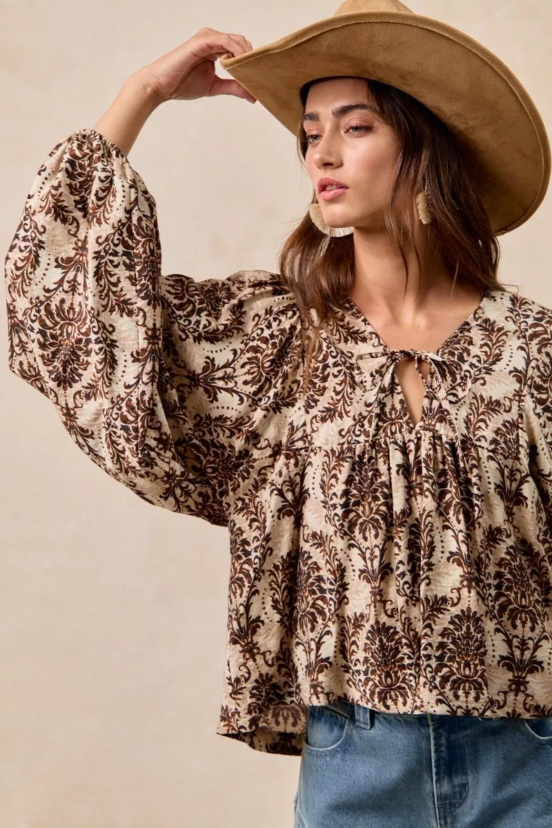 BiBi Printed Woven Front Tied Blouse with Baloon Sleeve