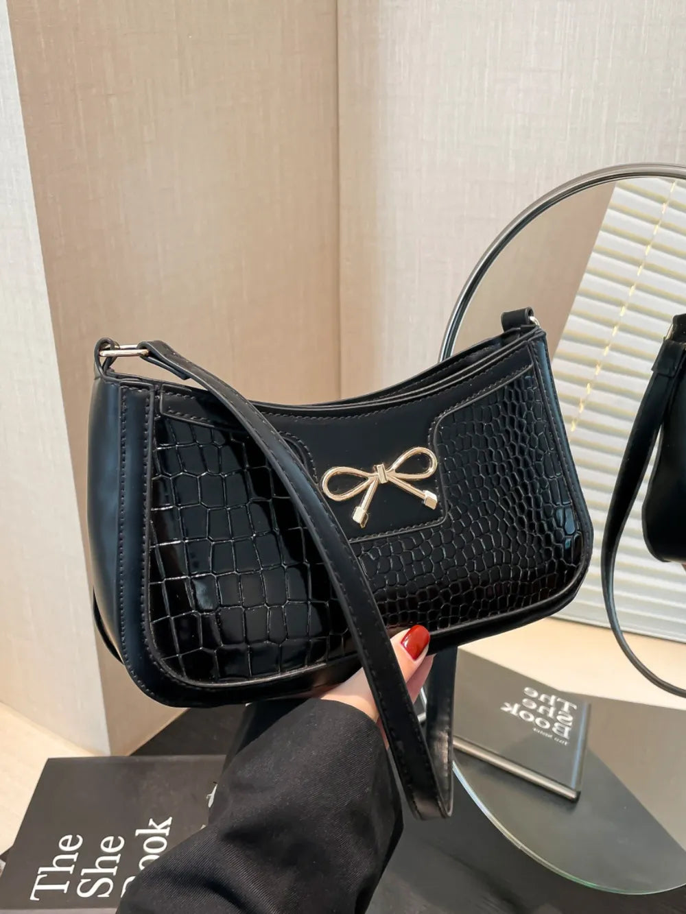 Crocodile Pattern Shoulder Bag with Bow Detail