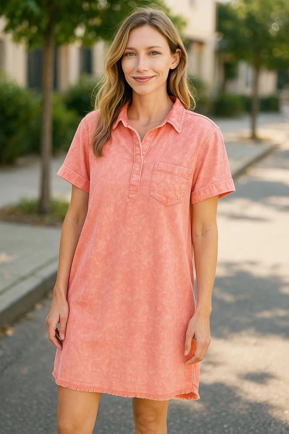 Zenana Tencel Mineral Washed Collared Shirts Dress