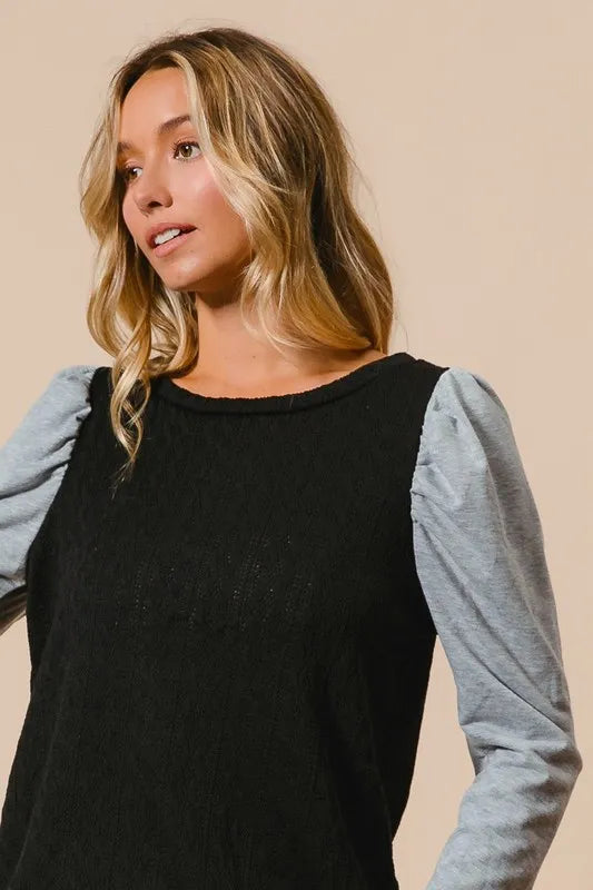 BiBi Cable Sweater Knit Top with Contrast Puff Sleeve