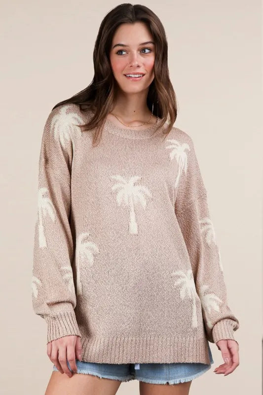 VERY J Palm Tree Graphic Oversized Knit Sweater