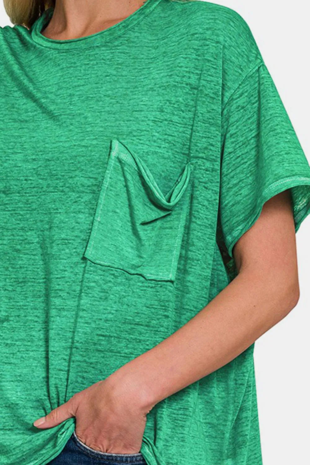 Zenana Pocketed Round Neck Dropped Shoulder T-Shirt