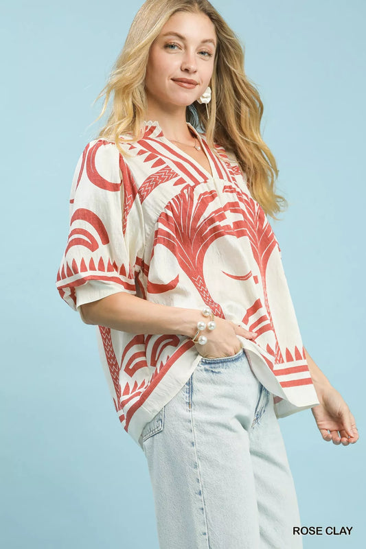 Umgee Folk Art Palm Print Puff Sleeve Blouse