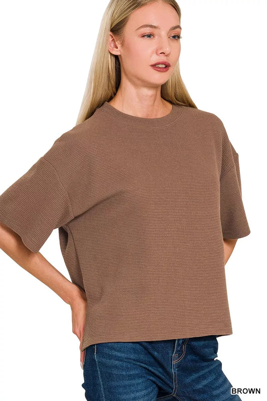 Zenana Full Size Double Knit Side Slits Hi Low Short Sleeve Top Plus Size
