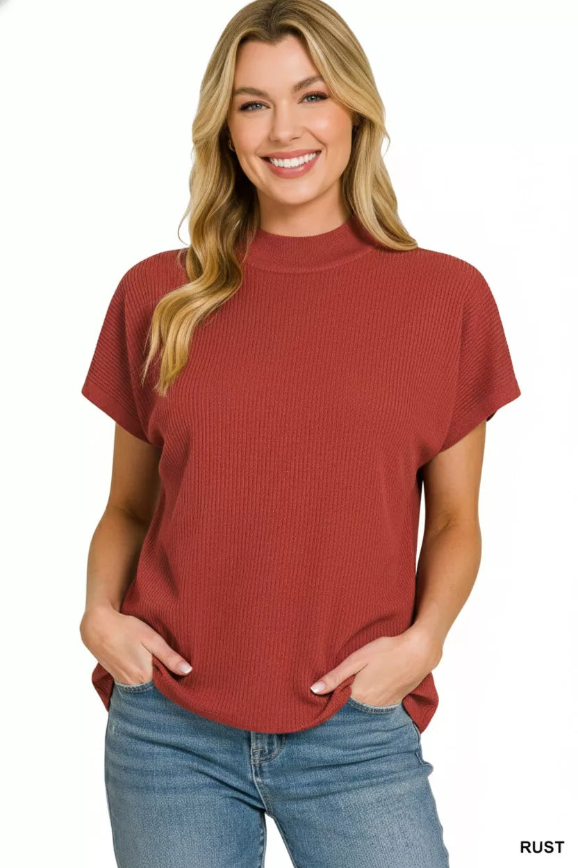 Zenana Viscose Mock Neck Short Sleeve Boxy Sweater