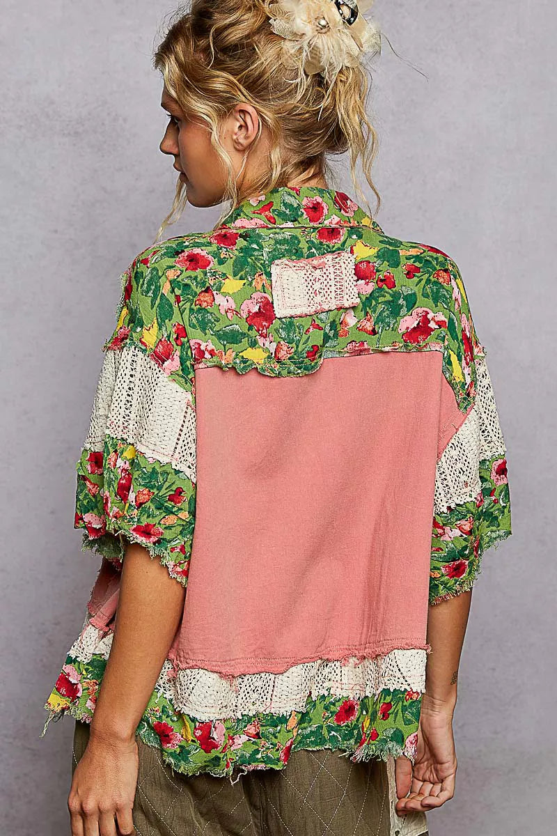 POL Lace Patch Floral Half Sleeve Shacket