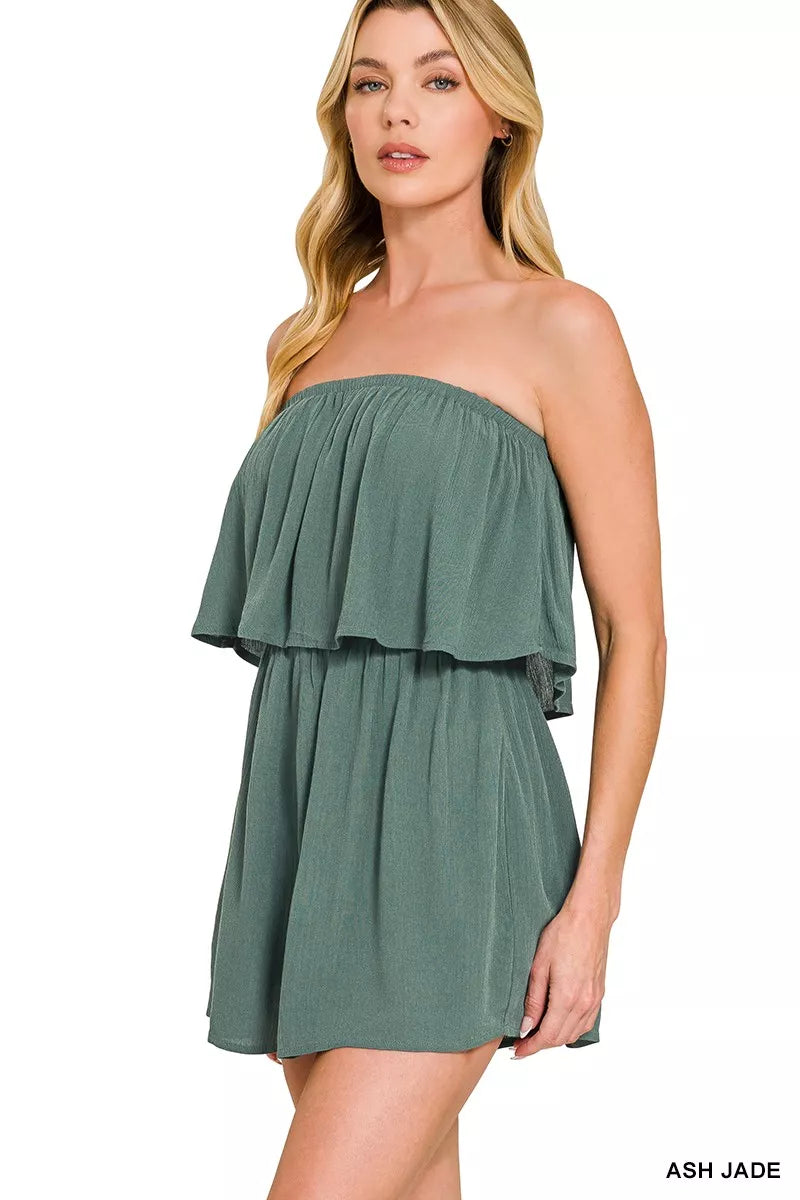 Zenana Woven Crinkle Strapless Rompers