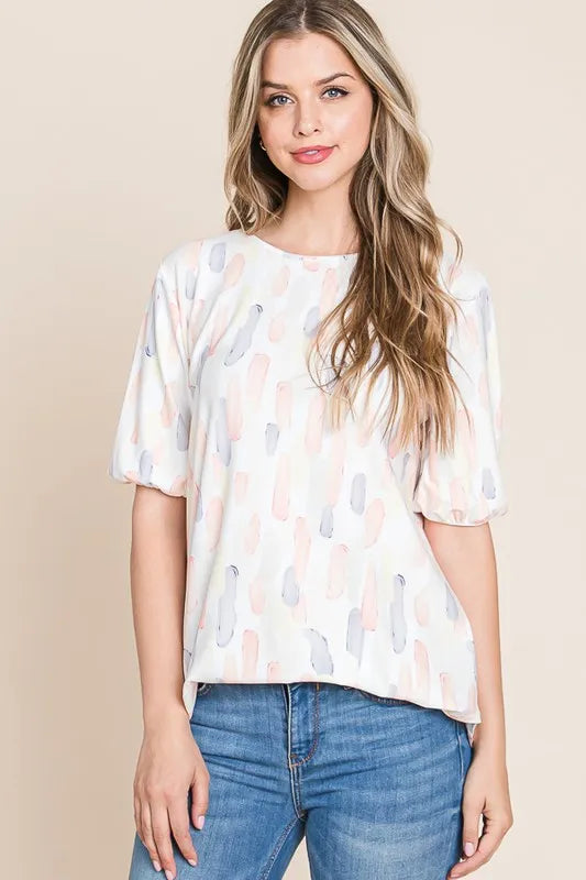BOMBOM Round Neck Puff Short Sleeve Blouse