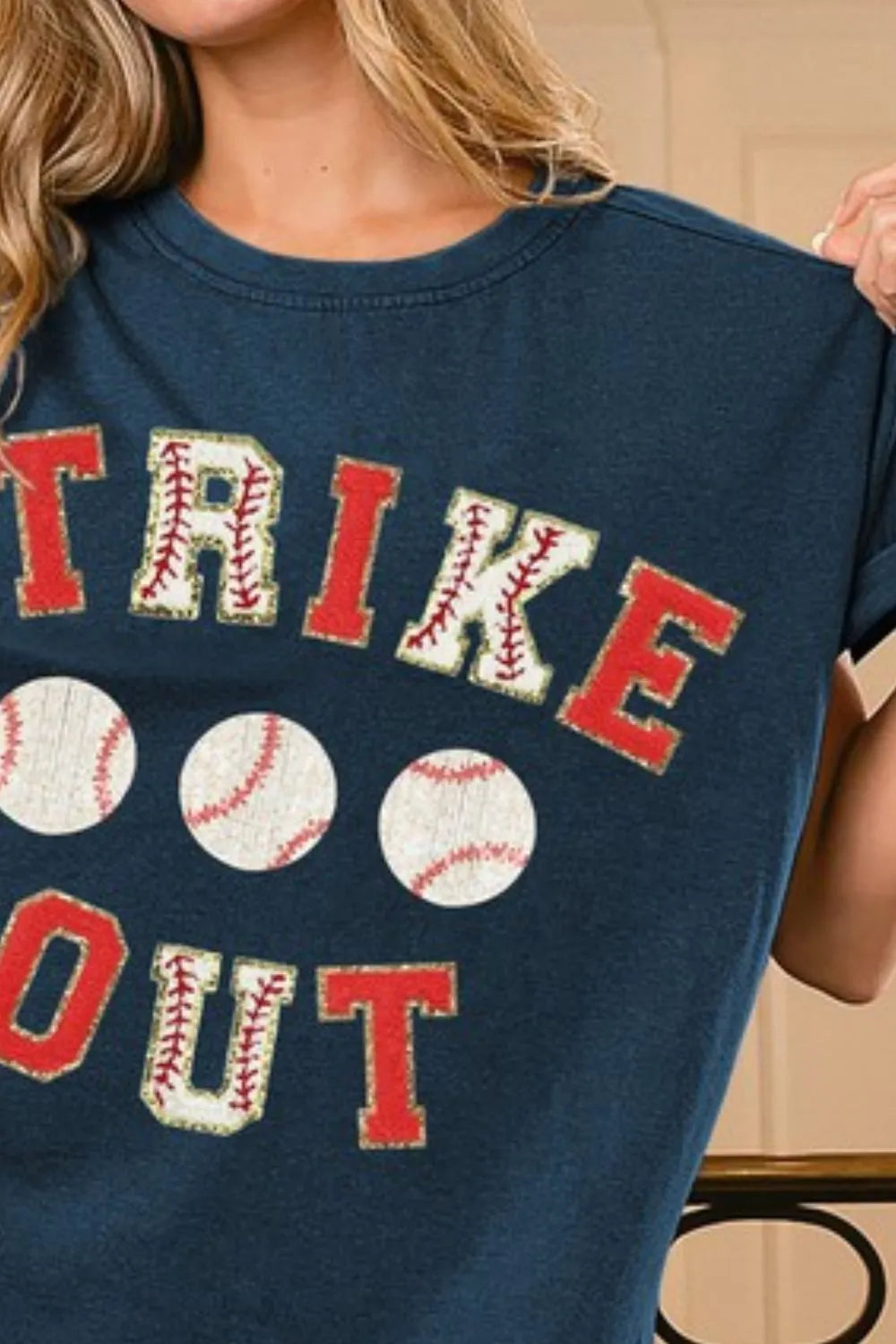 BiBi Strikeout Letter Patches Washed Short Sleeve Top