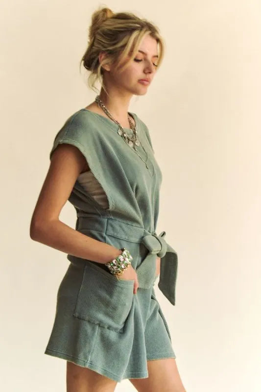 Davi & Dani Acid-Washed Waffle Knit Cuffed Sleeves Romper