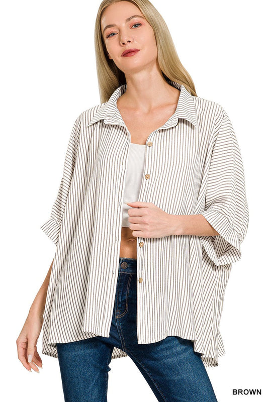 Zenana Woven Stripe Button Down Boxy Shirt