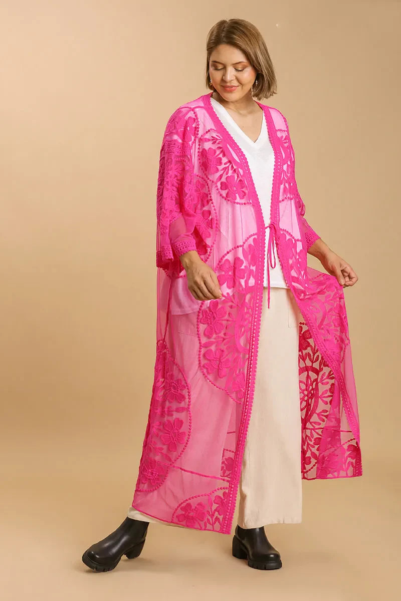 Umgee Full Size Floral Lace Open Front Long Kimono with Waist Tie Plus Size