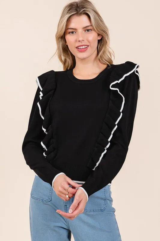 Mittoshop Contrast Trim Ruffled Round Neck Knit Top