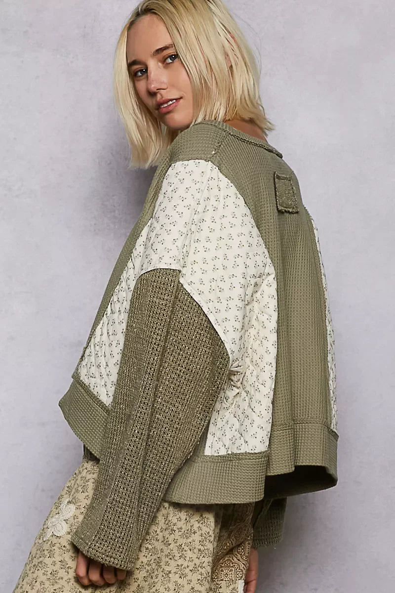 POL Mix Thermal Floral Pattern Quilted Knit Cropped Top with Raw Edge Detail