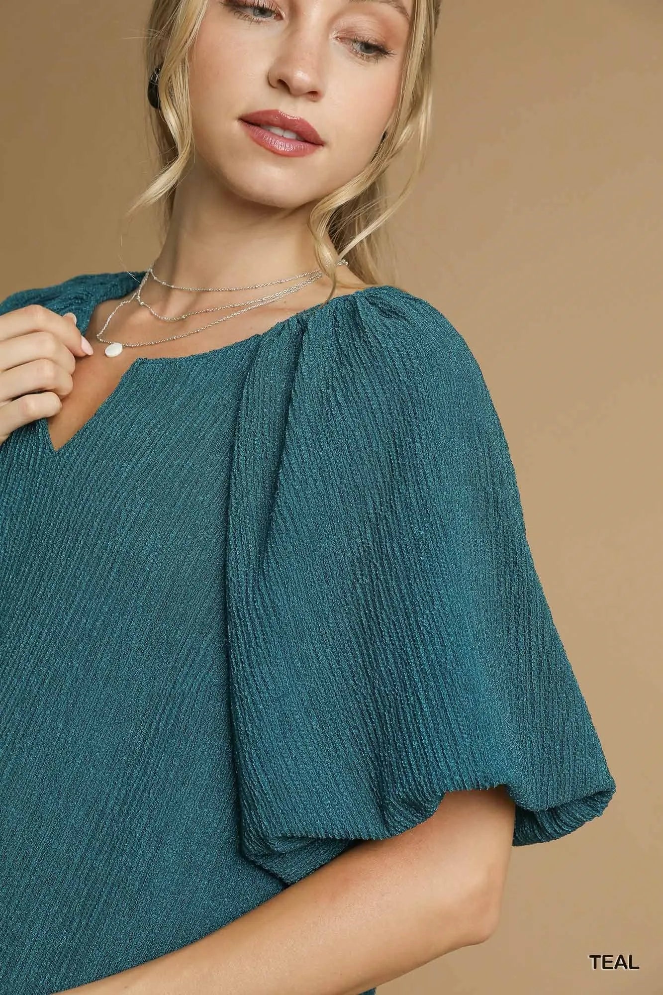 Umgee Textured Flutter Sleeve Notch Neck Top