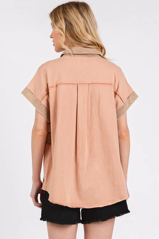 Mittoshop Mineral Washed Half Button Polo Top