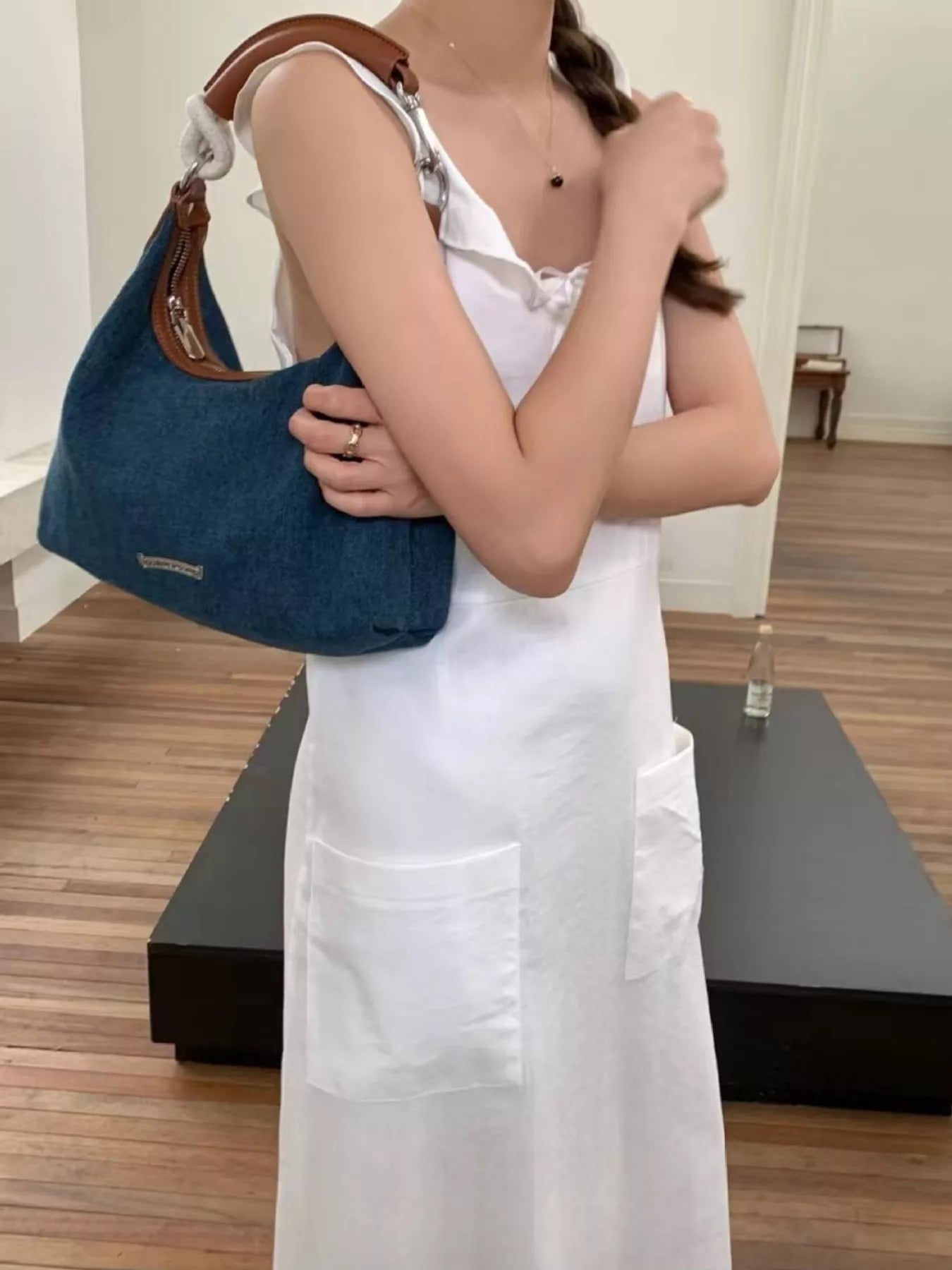 Denim Shoulder Bag with Leather Handle