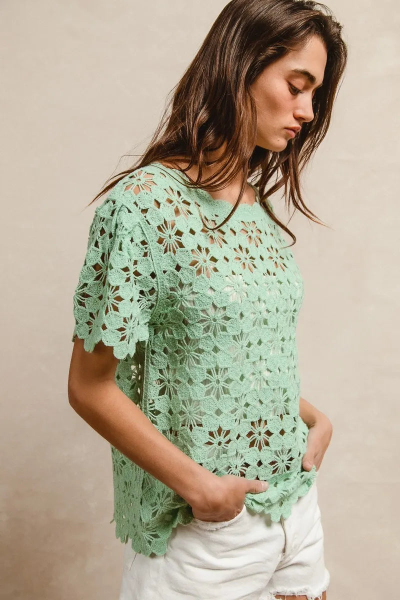 BiBi Openwork Crochet Short Sleeve Knit Top