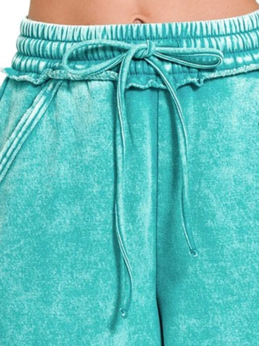 Zenana Acid Wash Fleece Drawstring Shorts With Pockets