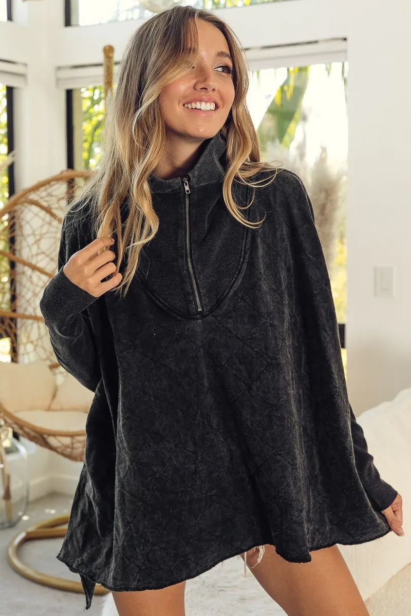 BiBi Vintage Washed Quilted Half Zip Top