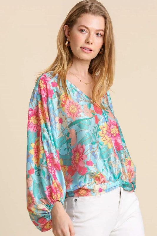 Umgee USA Full Size Floral Print Smocked Back Hem V-Neck Blouse Plus Size
