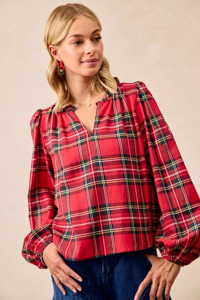 BiBi Christmas Plaid Balloon Sleeves Ruffled V-Neck Top
