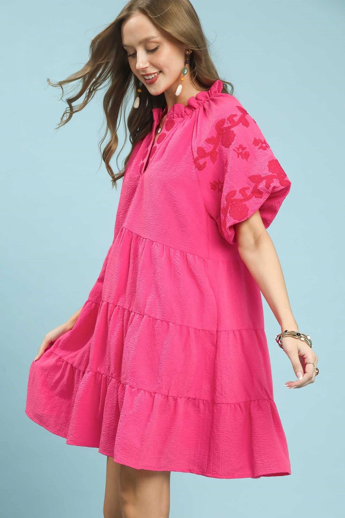 Umgee Embroidered Tiered Puff Sleeve Mini Dress