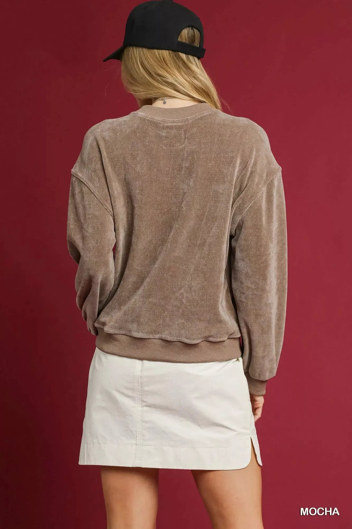 Umgee Velour Crewneck Balloon Sleeve Sweatshirt