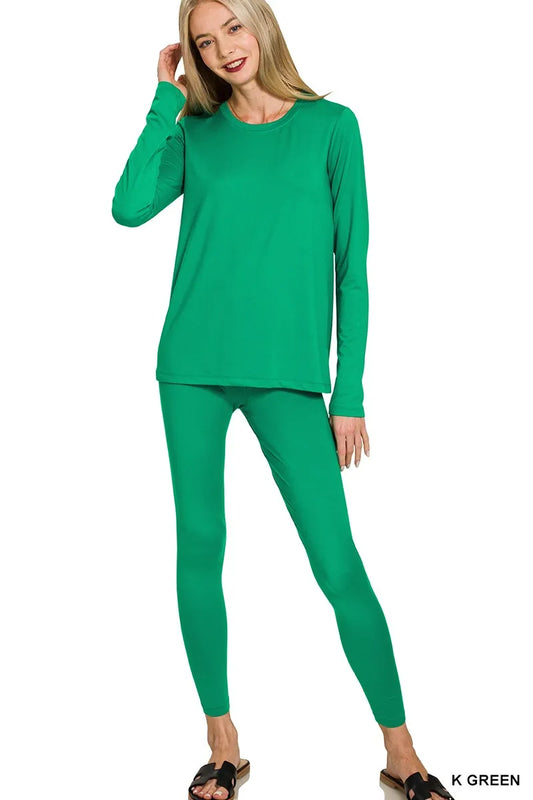Zenana Microfiber Round Neck Top and Leggings Set