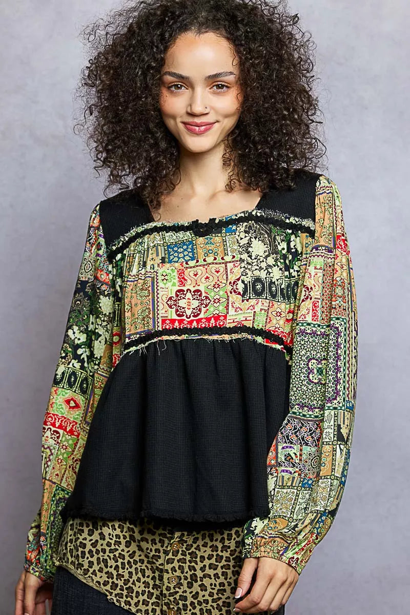 POL Balloon Sleeve Peplum Blouse with Trim Detail