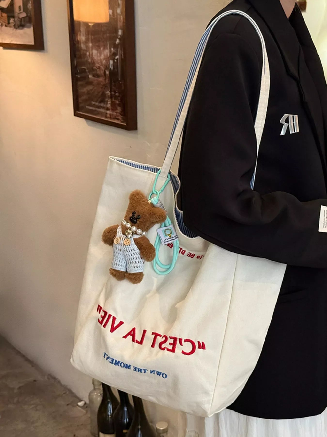 Letter Embroidered Canvas Shoulder Bag
