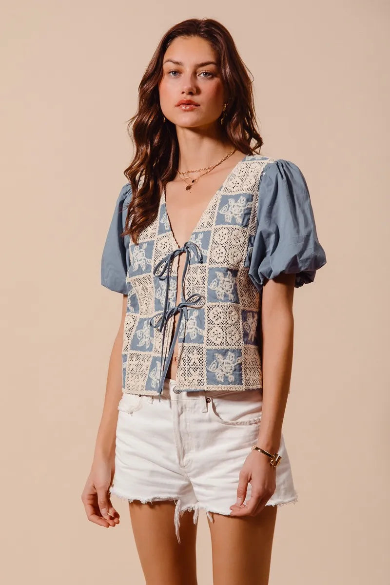 SO ME Crochet Lace Tie Front V Neck Blouse Top