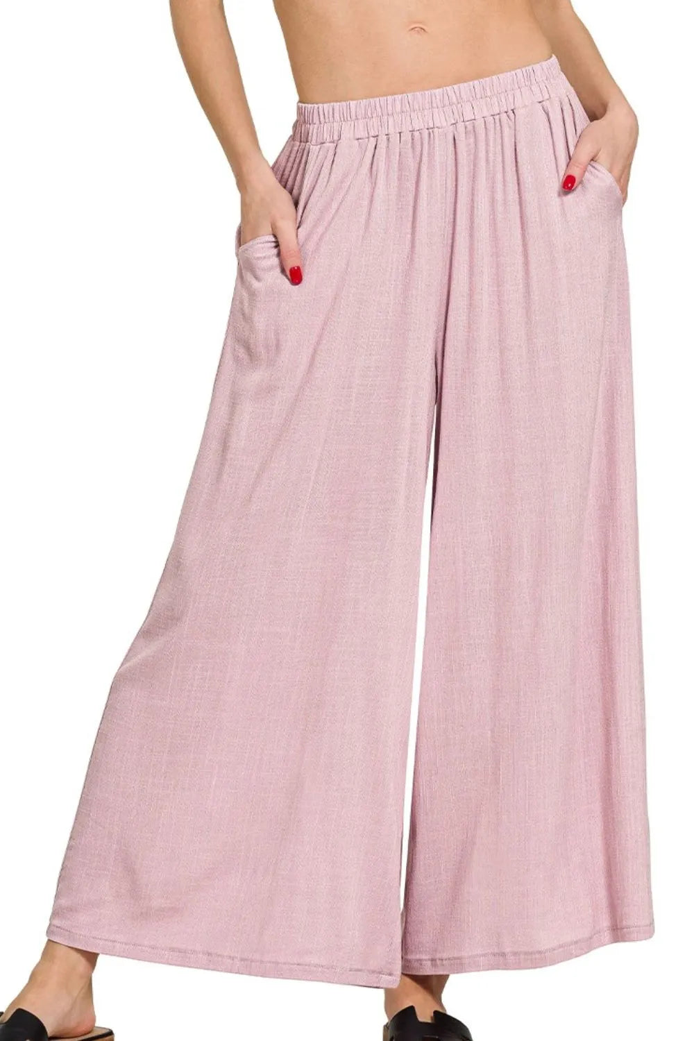 Zenana Woven Elastic Band Pants With Pocket