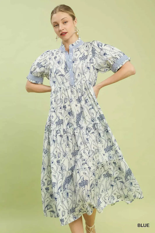 Umgee Floral Tiered Midi Dress with Ruffle Trim