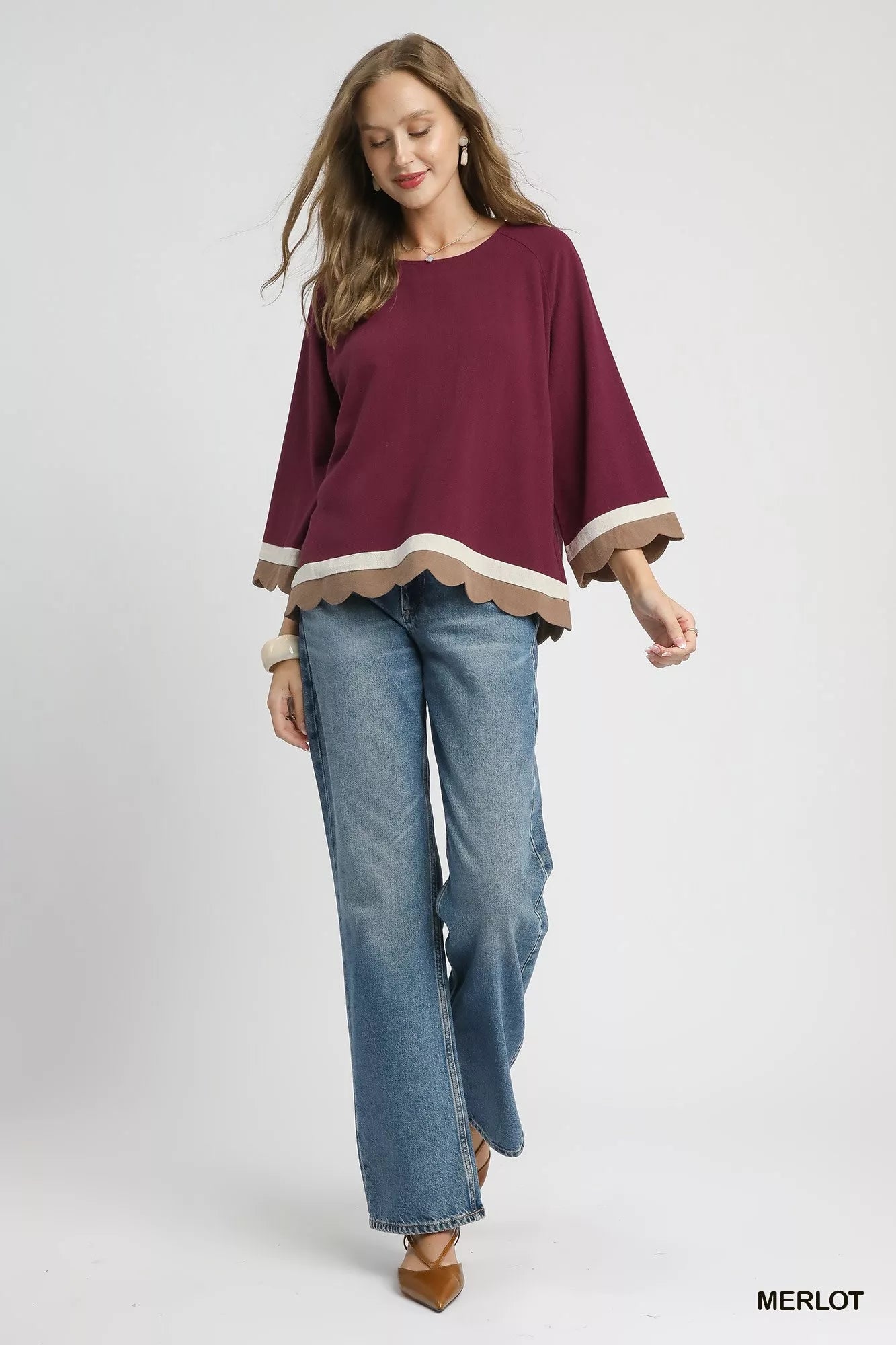 Umgee Scalloped Hem Color Block Top