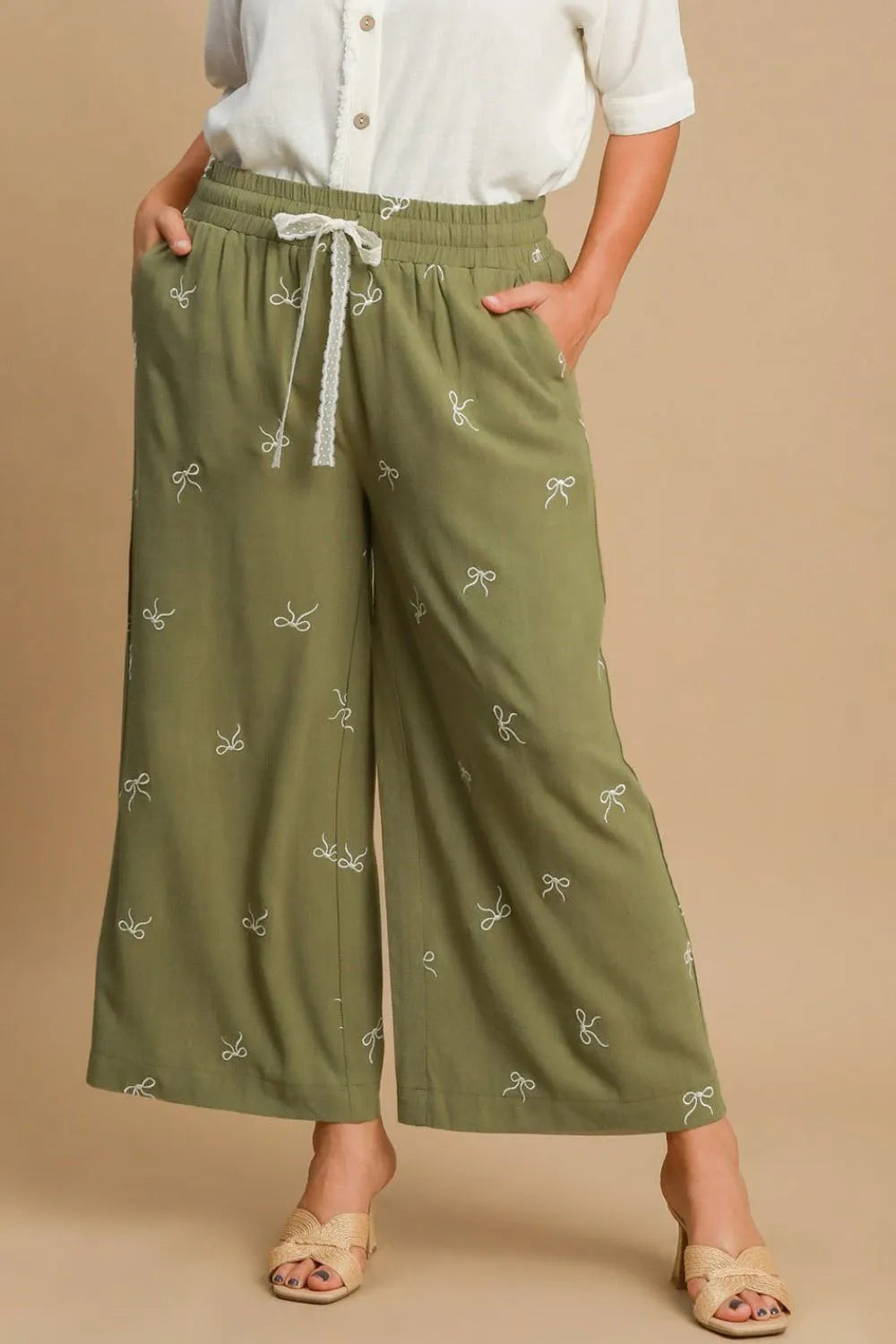Umgee Full Size Lace Drawstring Embroidered Bow Wide Leg Pants Plus Size