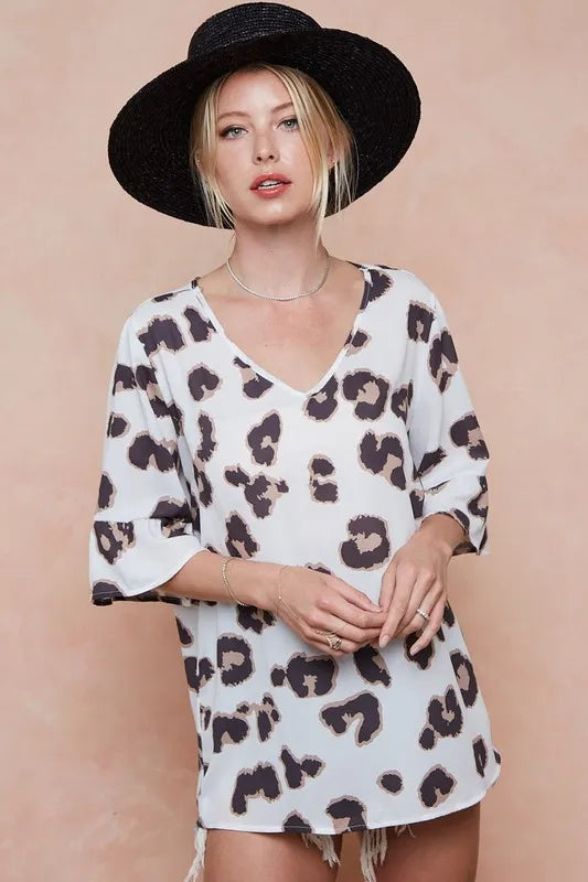 BiBi Leopard Printed V Neck Woven Top with Ruffled
