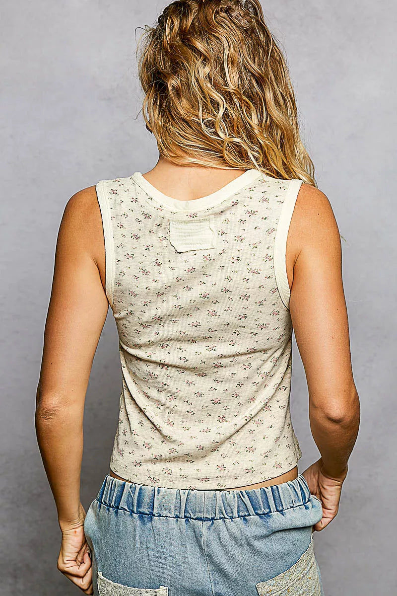POL Floral Round Neck Cropped Ribbed Tank