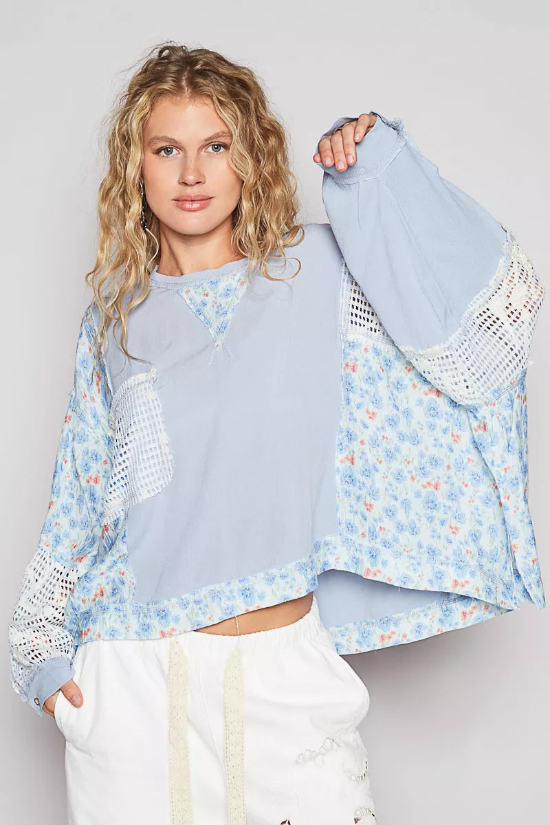 POL Round Neck Cropped Gauze Floral Pattern Top with Overlock Stitch Detail