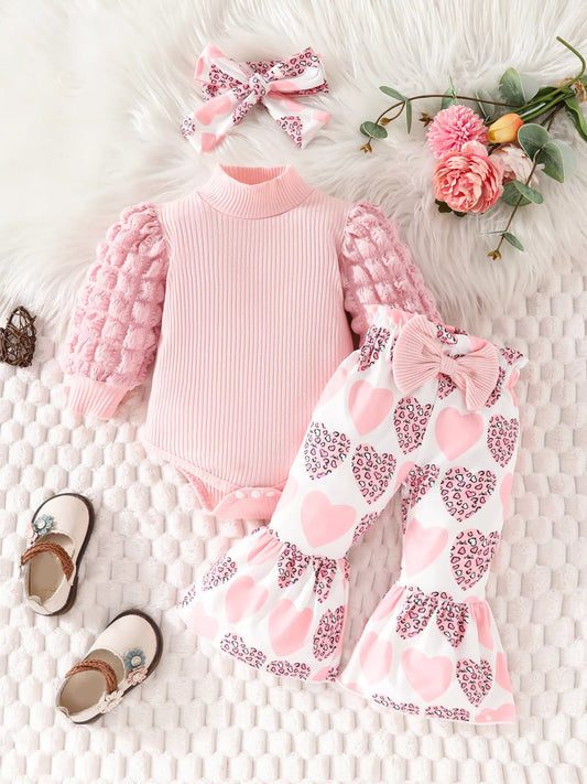 Children's Bubble Texture Long Sleeve Top and Pants Set with Headband