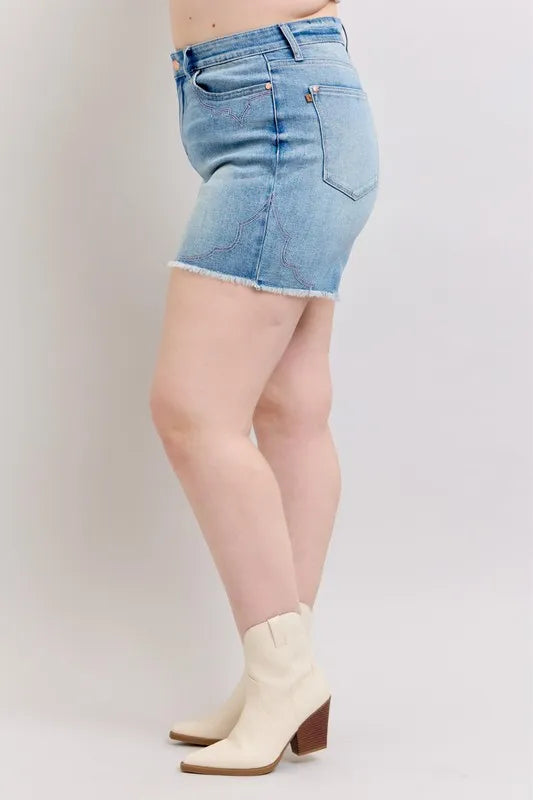 Judy Blue Plus Size High Waist Western Embroidery Detail Cut Off Denim Shorts