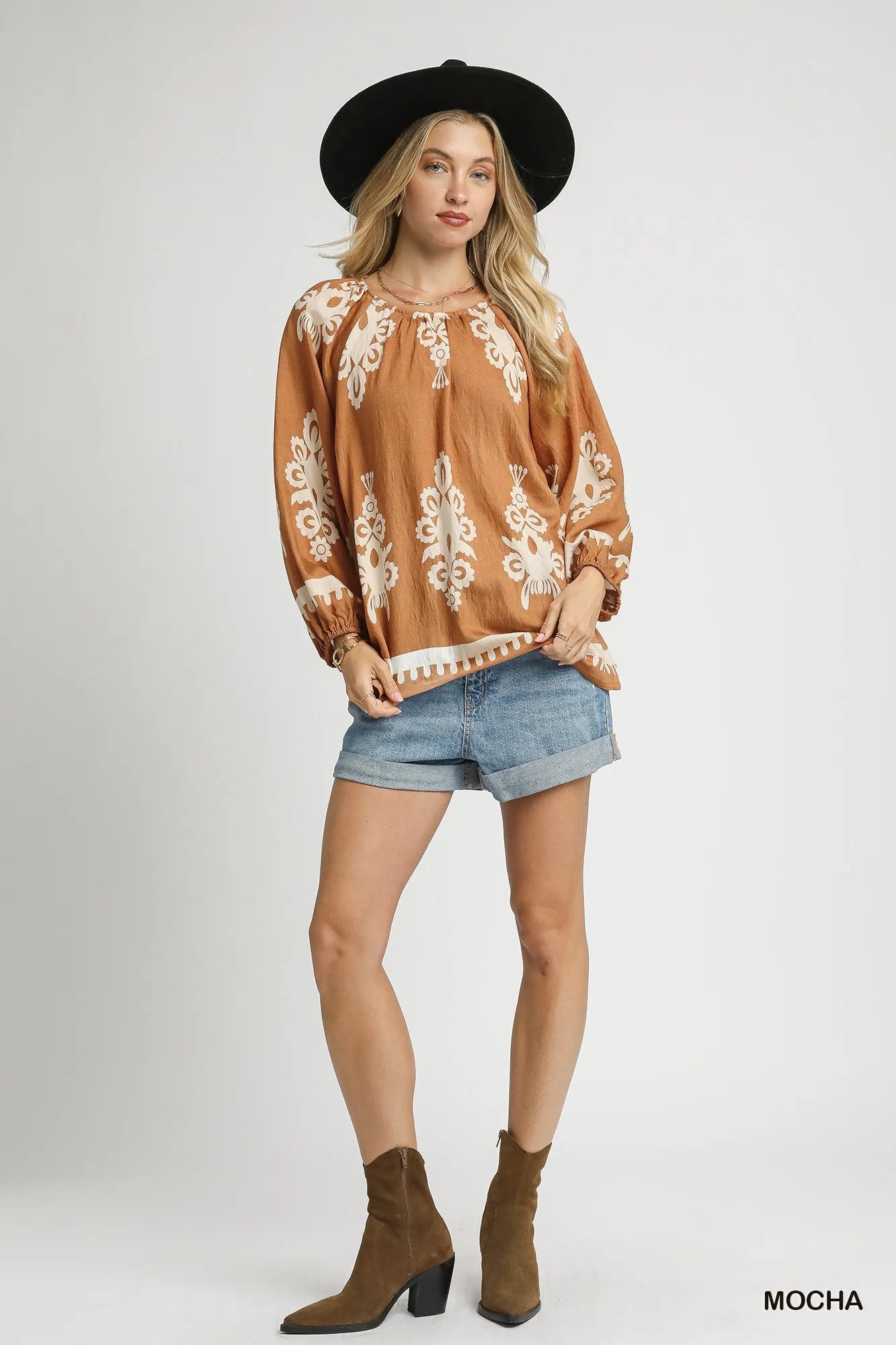 Umgee Full Size Two Tone Border Print Top with Balloon Sleeves Plus Size