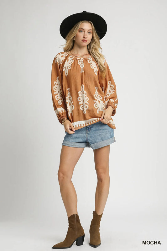Umgee Full Size Two Tone Border Print Top with Balloon Sleeves Plus Size