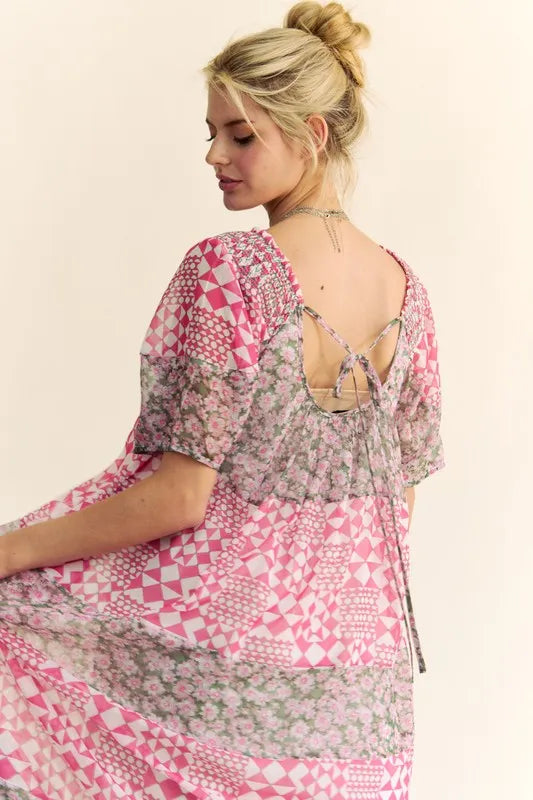 Davi & Dani Multi Floral Square Neck Puff Sleeve Maxi Dress