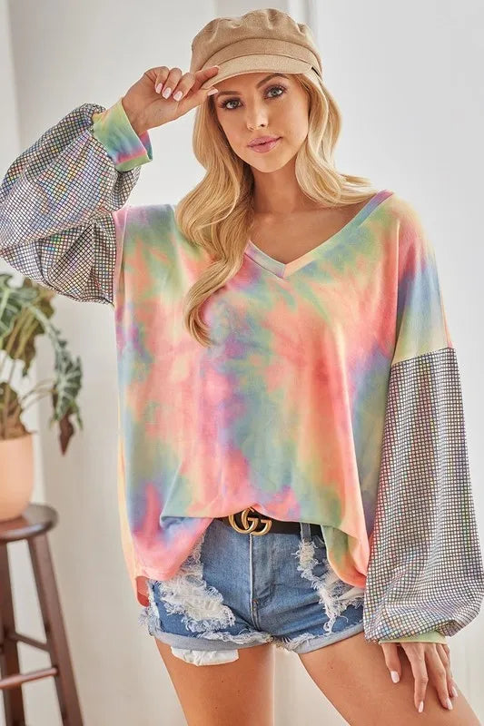 BiBi V Neck Tie Dye French Terry Top with Shiny