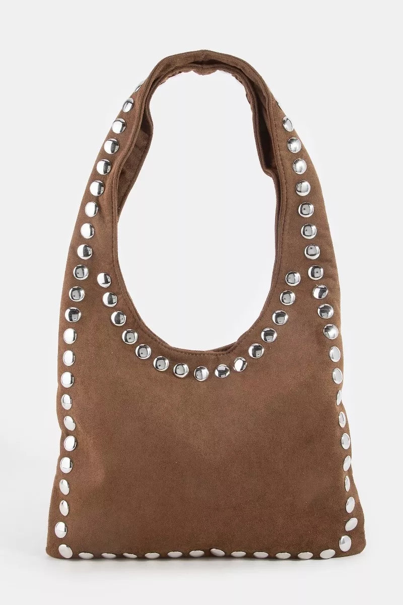 Fame Grommet Border Studded Suede Shoulder Bag