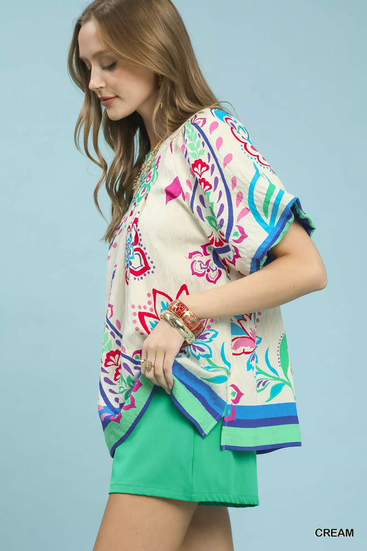 Umgee Border Print Puff Sleeve Blouse
