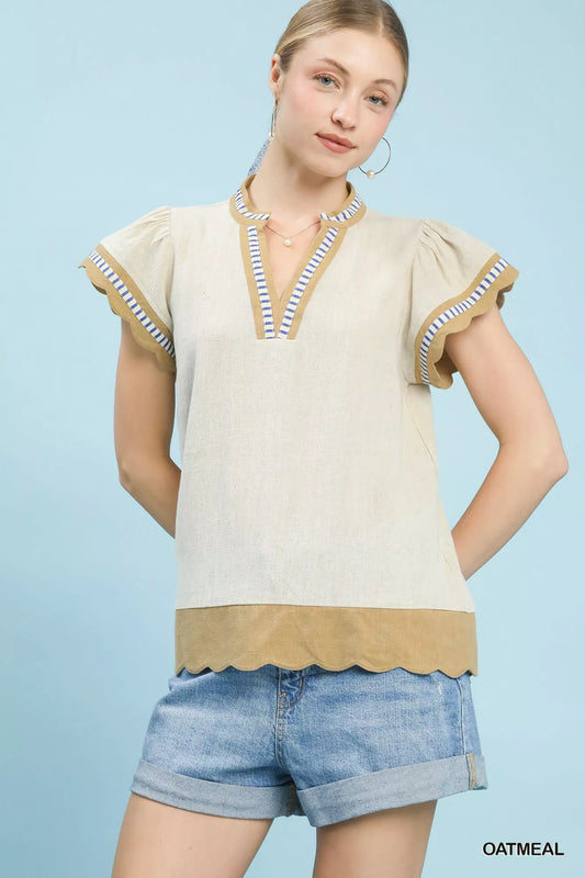 Umgee Contrast Scallop Trim Top