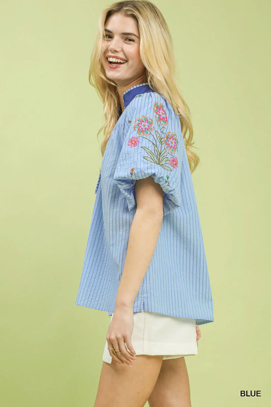 Umgee Embroidered Stripe Top